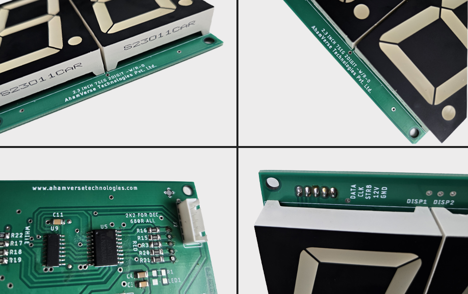 Detailed views of 2.3 inch 2 digit 7 segment LED display and PCB