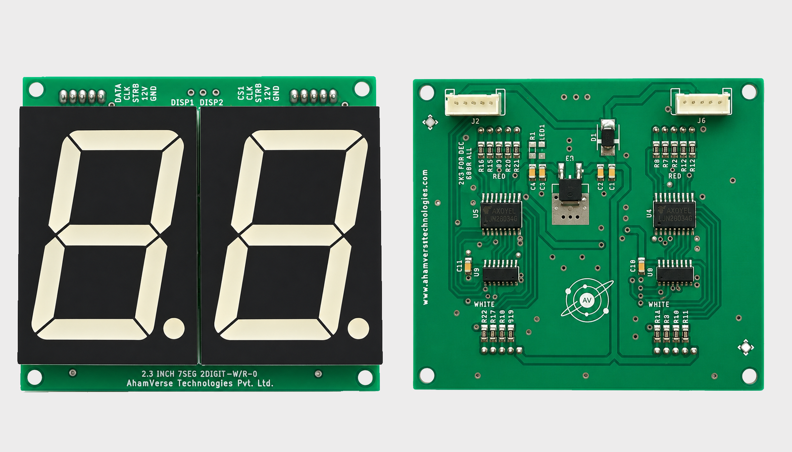 Front and back view of 2.3 inch 2 digit 7 segment LED display