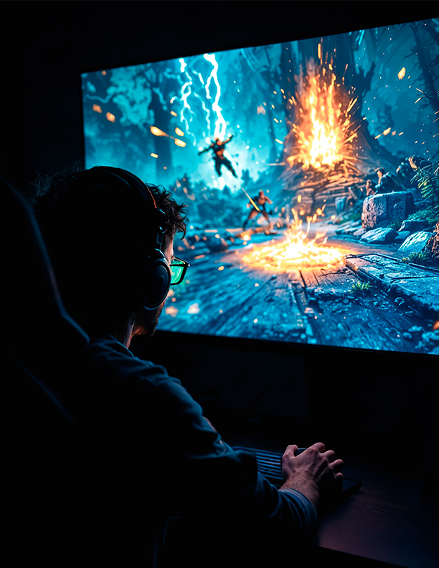 Player experiencing an immersive 3D game on a large display