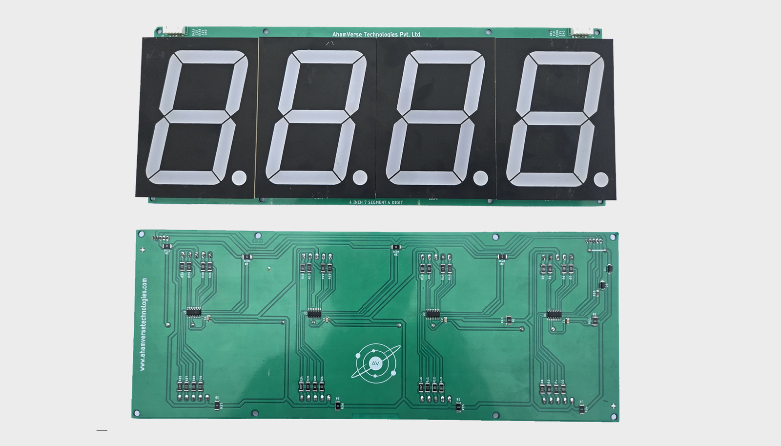 Front and back view of 4 inch 4 digit 7 segment LED display