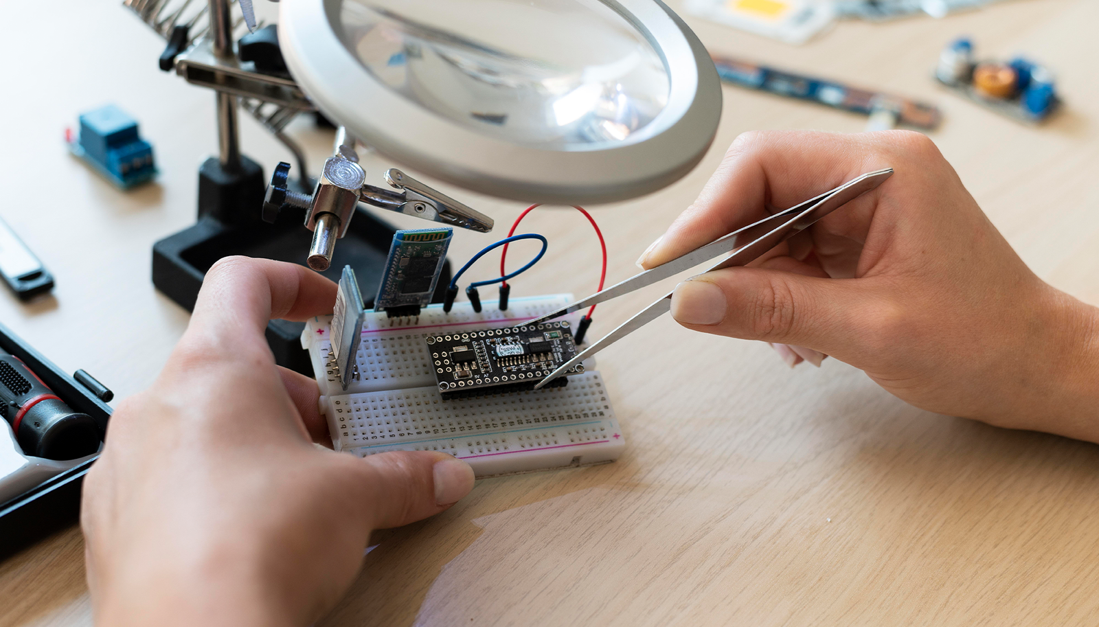 Engineer working on electronic hardware prototyping and development
