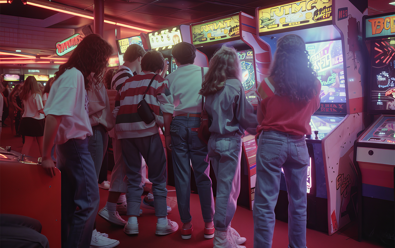 Players enjoying interactive arcade gaming machines