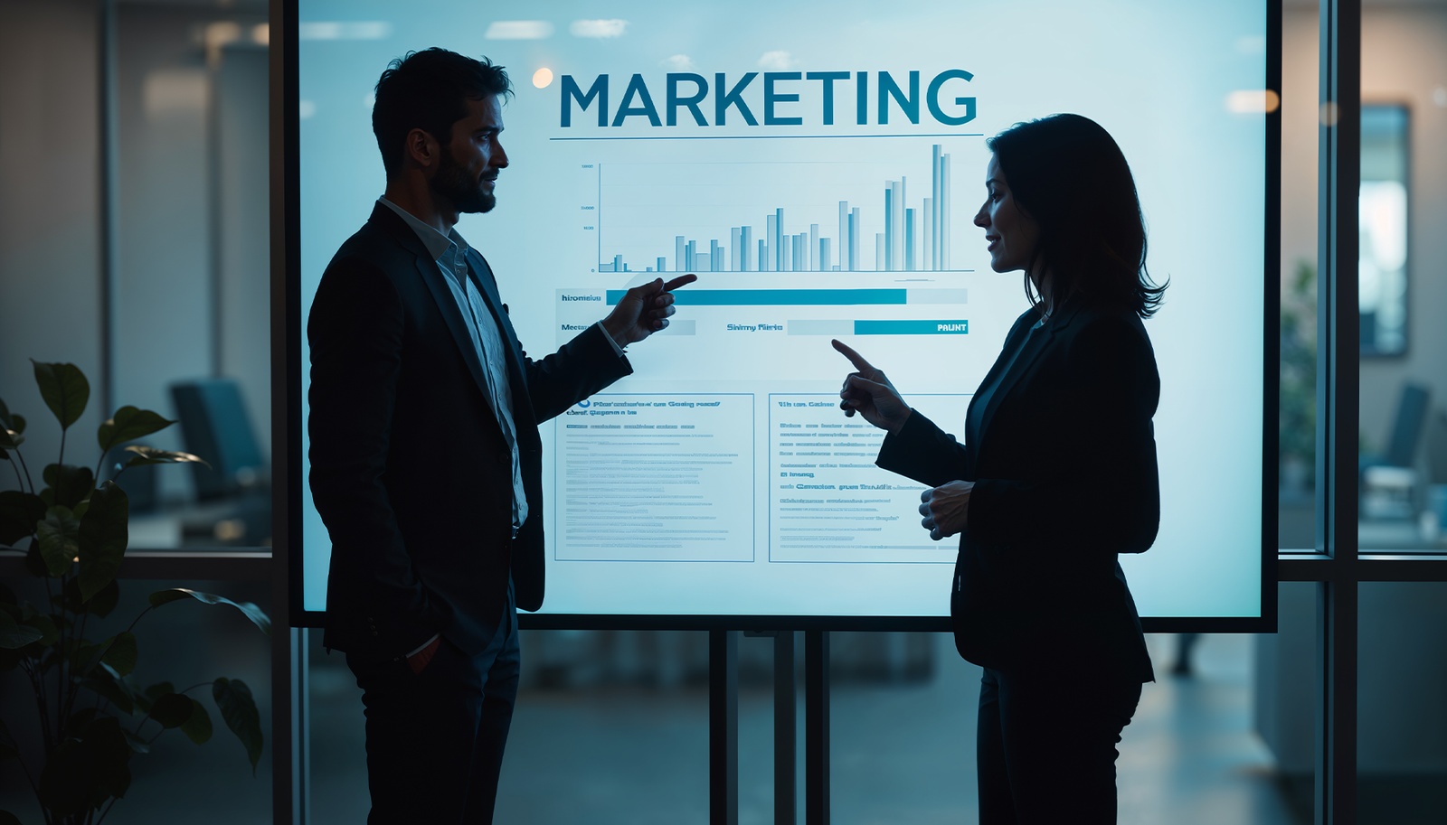 Business team reviewing marketing data and growth performance reports