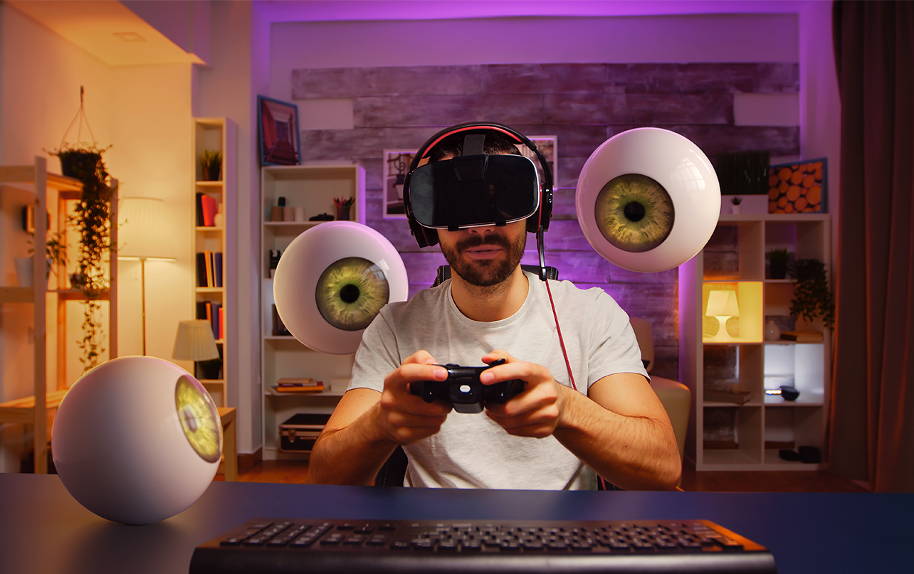 Player using a VR headset and controller for virtual reality gaming
